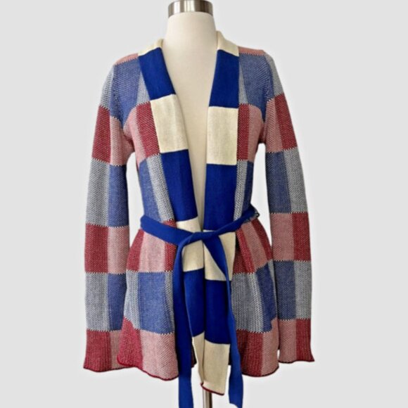 Modcloth Americana vintage cotton cardigan red white blue gingham small s 4 6 - Picture 1 of 1